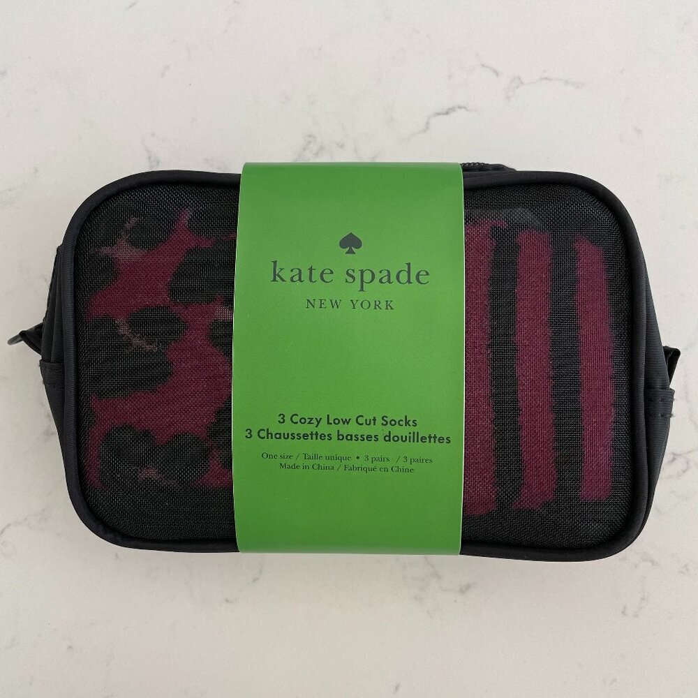 Kate Spade New York 3 Cozy Low Cut Colorful Socks in Mesh Zip Case Pink Black OS